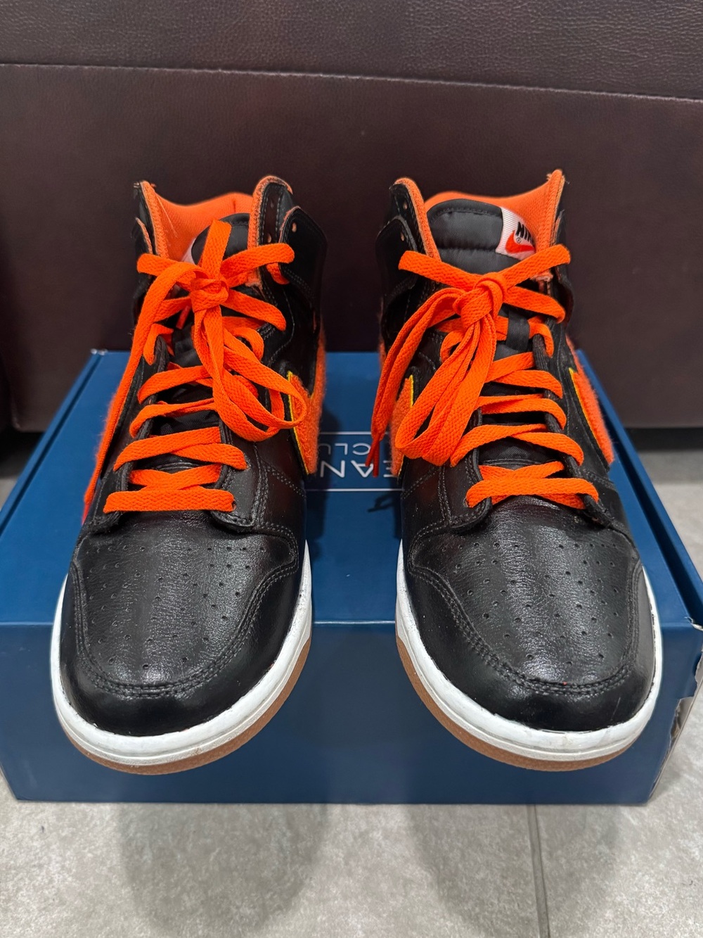 Size 10- Nike Dunk High Chenille Swoosh Black Safety Orange Customized - Picture 3 of 7
